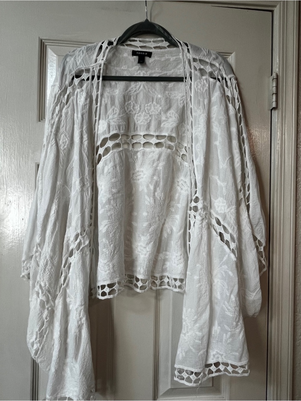 Torrid White Crochet Open-Front Kimono Jacket